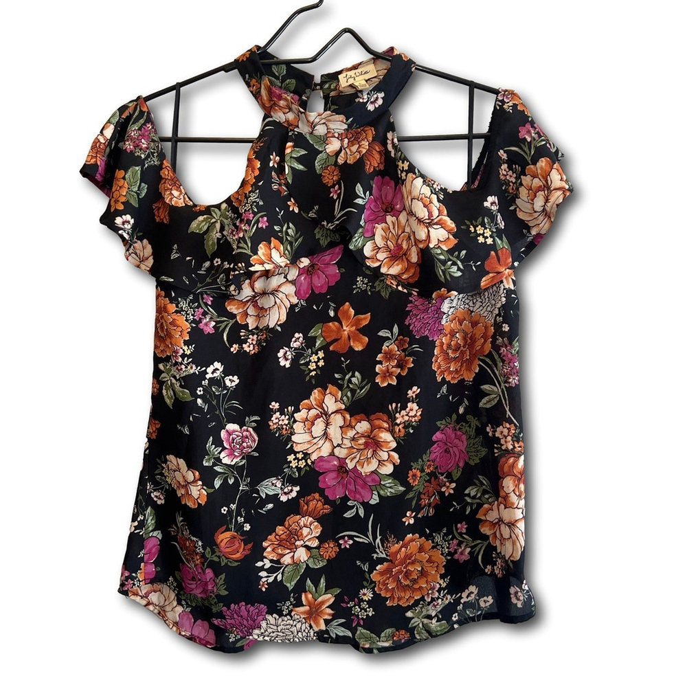 Lily White Cold Shoulder Blouse Womens Size Large Black Floral Short Sleeve